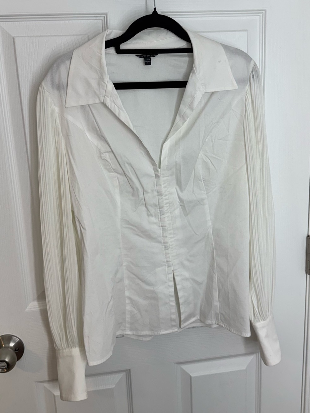 Guess White Pleated-Sleeve Button Down Shirt